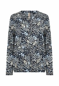 Bluză cu mâneci lungi, cu model floral, de culoare bleumarin, cu motive albastre deschise și crem. Are decolteu în V și material moale, ușor.