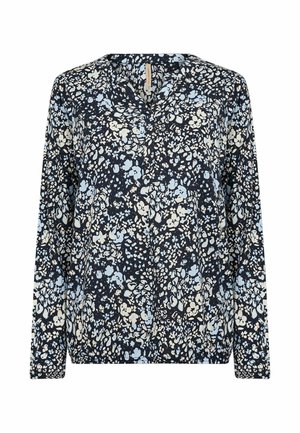 Pikkade varrukatega lillemustriga tumesinine pluus helesiniste ja kreemjate detailidega. Omab V-kaelust ja on valmistatud pehmest, kergest kangast.