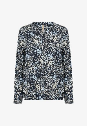 Kwiatowa bluzka z długim rękawem w granatowym kolorze z jasnoniebieskimi i kremowymi wzorami. Posiada dekolt w serek i miękki, lekki materiał.