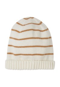 Knitted beanie with a cream base and brown horizontal stripes. Features a ribbed cuff for added texture and snug fit.
