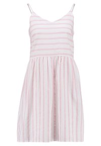 Vestido a rayas con tirantes finos, que presenta rayas alternas en rosa y blanco. La tela es ligera y fluida, terminando por encima de la rodilla.