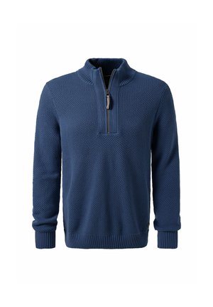 Marineblauwe gebreide trui met hoge kraag en een korte rits. Beschikt over een gestructureerd patroon en ribgebreide manchetten en zoom.