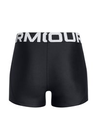Svarta sportshorts med en bred elastisk midja med texten "ARMOUR". Slät textur med en åtsittande design och sömsdetaljer.