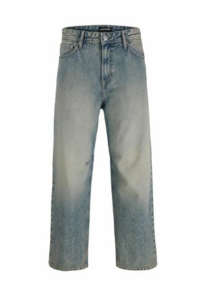 Jean en denim bleu clair délavé avec taille haute, bouton sur le devant, fermeture éclair et design à cinq poches.