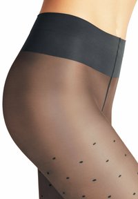 Durchsichtige schwarze Polka-Dot-Strumpfhosen mit einem einfarbigen schwarzen Bund; mit kleinen schwarzen Punkten, die gleichmäßig auf einem durchsichtigen braunen Hintergrund verteilt sind.