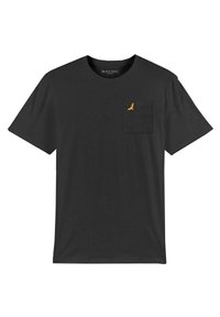 Black short-sleeve t-shirt made of cotton, featuring a chest pocket and a small yellow bird logo on the pocket. Simple and casual design.