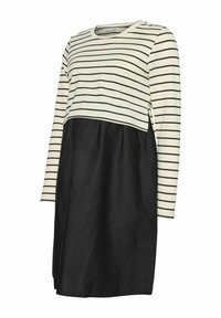 Kremkrāsas un melnā svītrainā piedurknēm topa ar melnu apakšu. Iezīmē brīvu piegriezumu un divkrāsu dizainu ar taisnu griezumu.