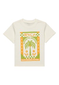 T-shirt crème arborant un design graphique coloré avec des palmiers, des motifs solaires, et le texte "NATURE VS. INDUSTRIE" en accents orange et vert.