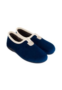 Zapatos slip-on de ante azul con acentos beige, de perfil bajo, forro suave, punta redondeada y suela texturizada para un mejor agarre.