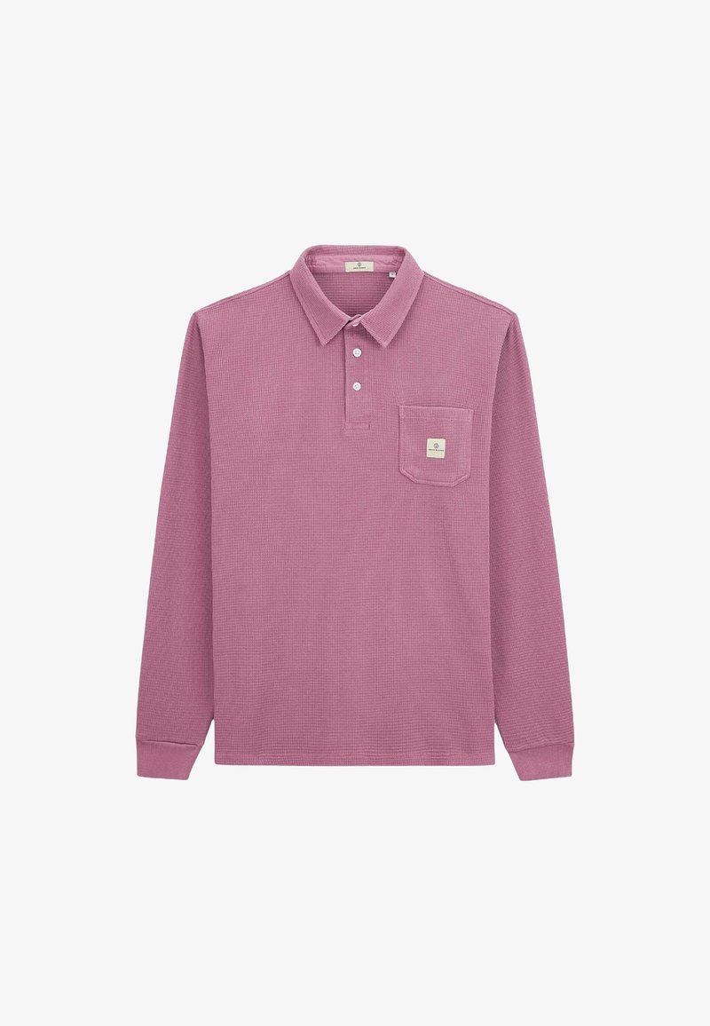 Polo à manches longues en texture gaufrée rose pâle. Doté d'un col, d'une patte de boutonnage à trois boutons et d'une poche poitrine avec une étiquette logo.