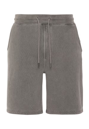 Pantalones cortos casuales grises con cintura elástica, cierre con cordón, bolsillos laterales y costuras visibles.