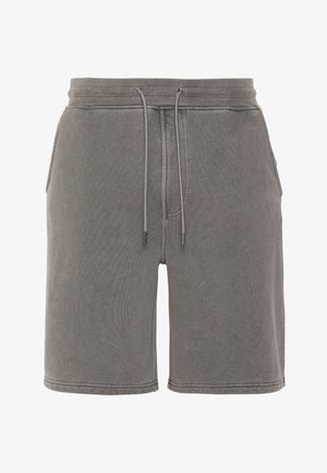 Shorts décontractés gris avec ceinture élastique, fermeture à cordon, poches latérales et coutures visibles.
