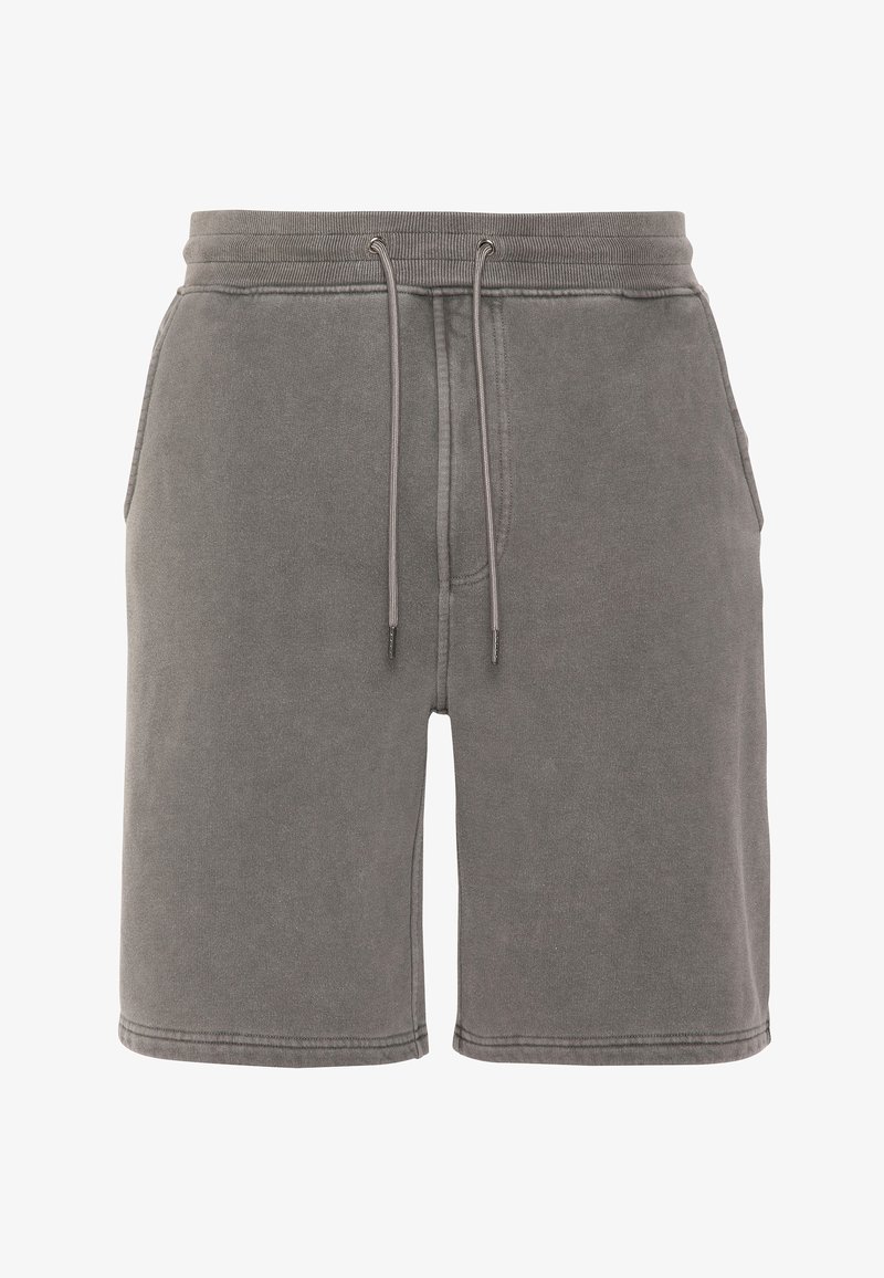 Shorts décontractés gris avec ceinture élastique, fermeture à cordon, poches latérales et coutures visibles.