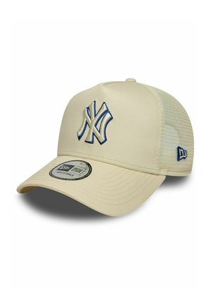 Beige adjustable baseball cap with mesh back, featuring blue and white embroidered New York Yankees logo on front and New Era logo on side.