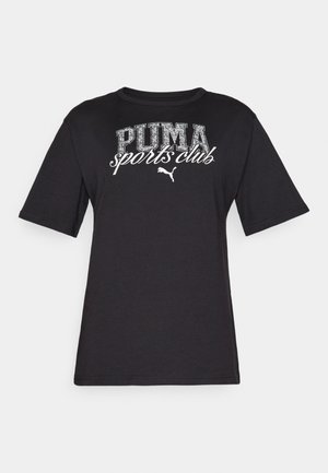 T-shirt en coton noir à manches courtes. Présente le texte "PUMA sports club" imprimé en lettres blanches et argentées. Design à col rond, coupe standard.