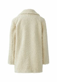 Cream-colored, textured fleece coat with a notched collar, long sleeves, and a boxy silhouette. No visible fastenings or accents.