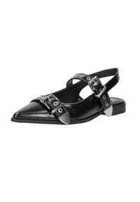 Zwarte leren slingback ballerina's met een spitse neus, gesp-sluitingen en zilveren accenten. Voorzien van een lage, blokhak en een gestructureerd oppervlak.