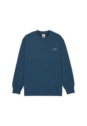 Navy blue crewneck sweatshirt made of soft cotton blend. Features ribbed cuffs and hem, with a small white logo on the chest.