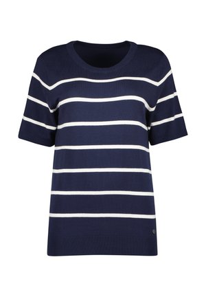 Mørkeblå kortærmet sweater med hvide vandrette striber, ribbet krave og nederste kant samt et lille accentlogo nederst til venstre.