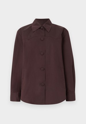 Chemise à manches longues marron foncé avec col pointu, boutons cachés, deux poches latérales et un ourlet légèrement arrondi.