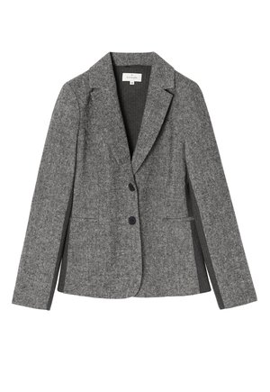 Gray tailored blazer made of textured fabric, featuring a single-button closure, notched lapels, and two front pockets.
