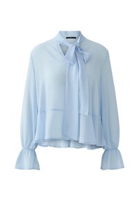Hellblause Langarmbluse mit Schleife am Hals, ausgestellten Manschetten und einem fließenden, mehrlagigen Saum.