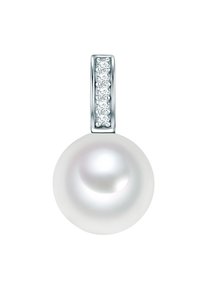Pendente con perla rotonda bianca e attacco in argento. La parte superiore presenta una fila di piccole diamanti rotondi a taglio chiaro.