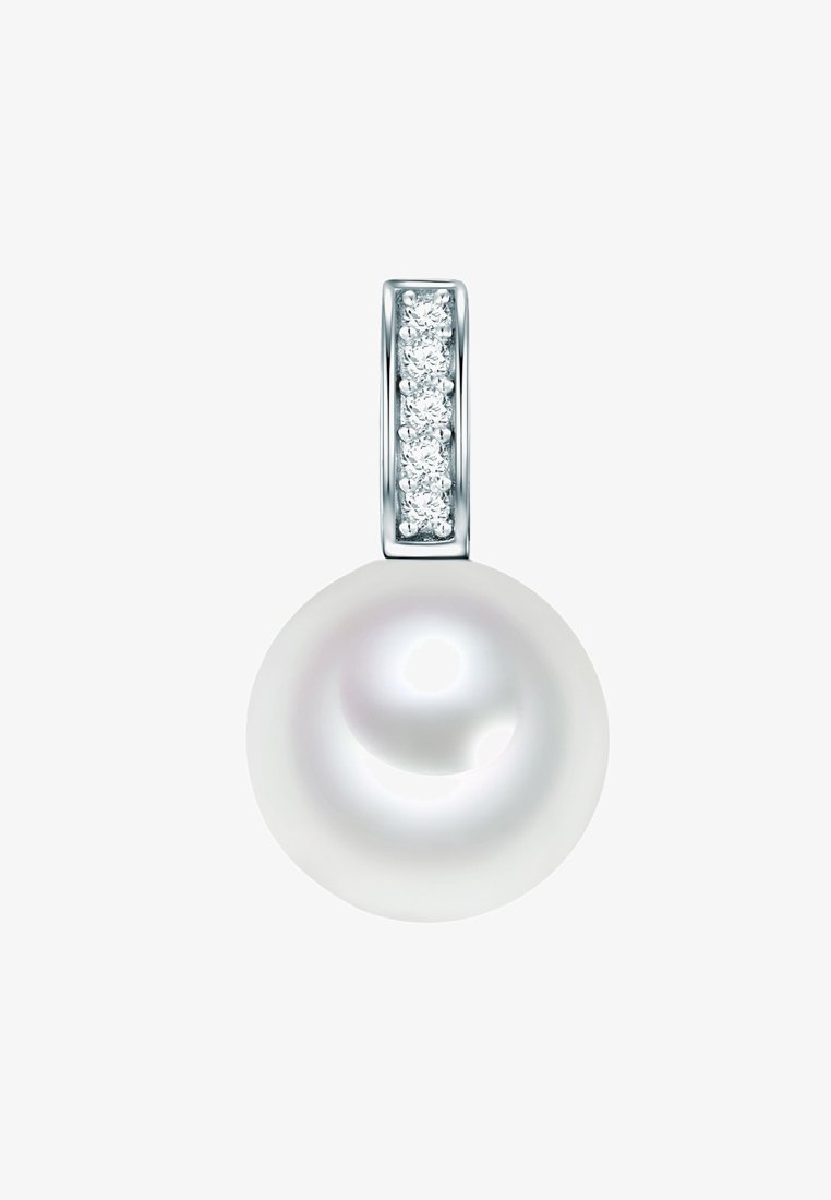 Pärlhänge med en rund, vit pärla och en silverfäste. På toppen finns en rad med små, klara, rundslipade diamanter.