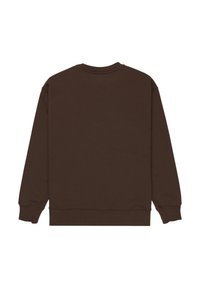 Felpa marrone con scollo rotondo, maniche lunghe e polsini a coste. Tessuto della superficie liscio, design semplice e senza loghi o decorazioni visibili.