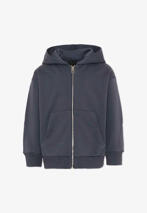 Felpa con cappuccio grigio scuro con cerniera frontale, tasche frontali, maniche lunghe, polsini e orlo a coste e cappuccio attaccato, mostrata su sfondo bianco.