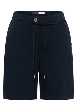 Shorts décontractés bleu marine avec bouton, taille à cordon, passants pour ceinture, poches latérales et étiquette indiquant "Cecil Pants" à l’intérieur de la ceinture.