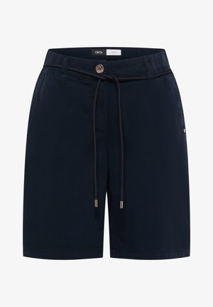 Shorts décontractés bleu marine avec bouton, taille à cordon, passants pour ceinture, poches latérales et étiquette indiquant "Cecil Pants" à l’intérieur de la ceinture.