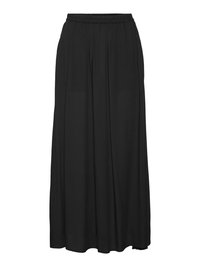 Jupe maxi noire en tissu léger. Elle présente une taille élastique, un design plissé et une texture lisse tout au long.