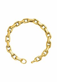 Pulsera de cadena de oro con eslabones rectangulares entrelazados, de textura lisa y brillante, y un detalle de cierre circular.