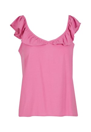 Rožinė be rankovių palaidinė su volanėlių akcentais prie iškirptės, pagaminta iš švelnaus medvilnės audinio, su laisvu kirpimu.