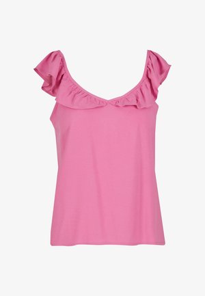 Roosa ilma varrukateta topp, mis on kaunistatud volangidega kaela ümber, valmistatud pehmest puuvillakangast ja on mugava lõikega.