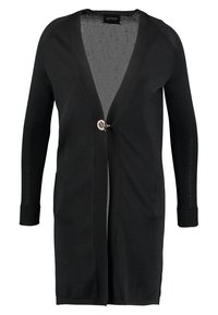 Schwarze Strickjacke aus weichem Strickstoff. Verfügt über einen tiefen V-Ausschnitt, lange Ärmel, Fronttaschen und einen dekorativen Verschluss am Hals.