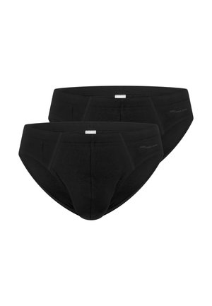 Twee zwarte herenslips met een wit label op de tailleband, weergegeven tegen een witte achtergrond.