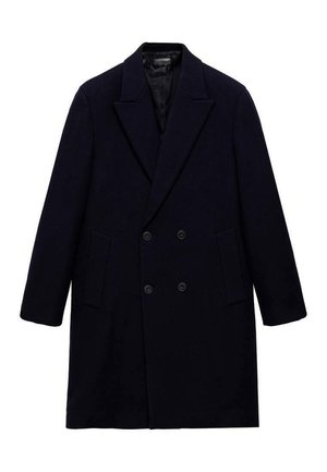 Dunkelblaues Wollmischungs-Übercoat mit doppelter Brust, Reverskragen, zwei Seitentaschen und einem glatten Innenfutter.