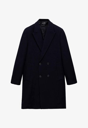 Dunkelblaues Wollmischungs-Übercoat mit doppelter Brust, Reverskragen, zwei Seitentaschen und einem glatten Innenfutter.