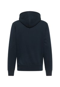 Ciemnogranatowa bluza z kapturem pokazana od tyłu, z długimi rękawami, dopasowaną talią i przyszytym kapturem.