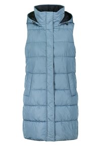 Light blue padded vest with a high collar, zippered front, and two side pockets. Made of smooth, water-resistant material. Soft texture.