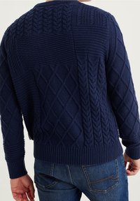 Man wearing navy blue cable-knit sweater with diamond and braided patterns, paired with blue denim jeans, shown from the back.