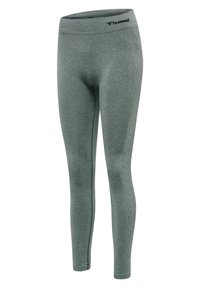 Gray seamless athletic leggings with subtle chevron pattern along sides and black hummel logo on waistband.