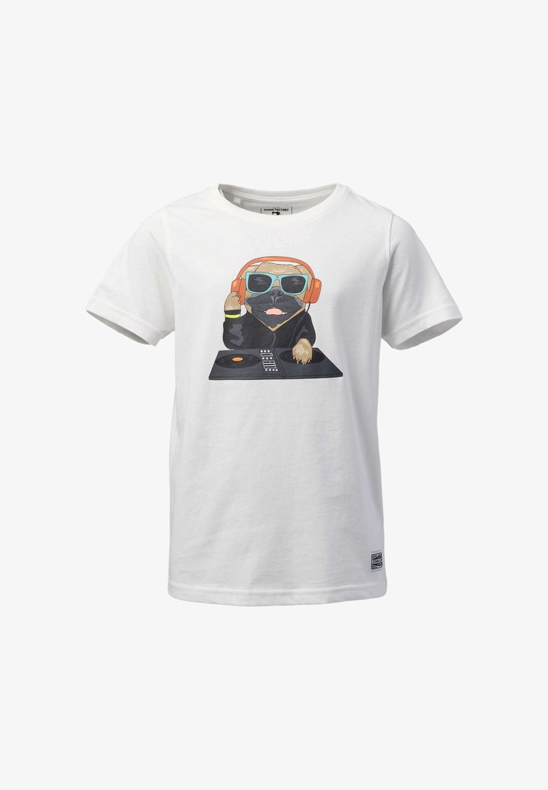 Weißes Kinder-T-Shirt mit einer Grafik eines Hundes, der orange Kopfhörer und Sonnenbrillen trägt und an einem Plattenspieler auflegt.