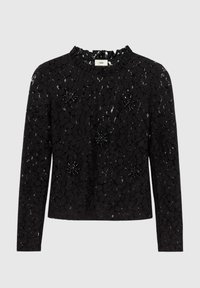 Haut noir à manches longues avec un design en dentelle florale texturée, featuring des accents d'étoiles perlées et un col volanté.