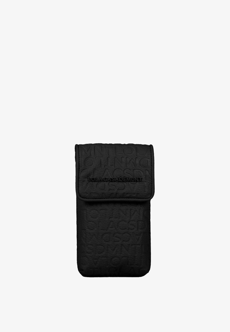 Black, textured phone pouch with a fold-over flap, featuring embossed branding, seamless design, and rounded bottom edges.