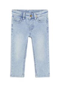 Jeans in denim azzurro chiaro con una finitura leggermente sbiadita, dotati di chiusura con bottoni e zip, tasche anteriori e gambe con taglio dritto.