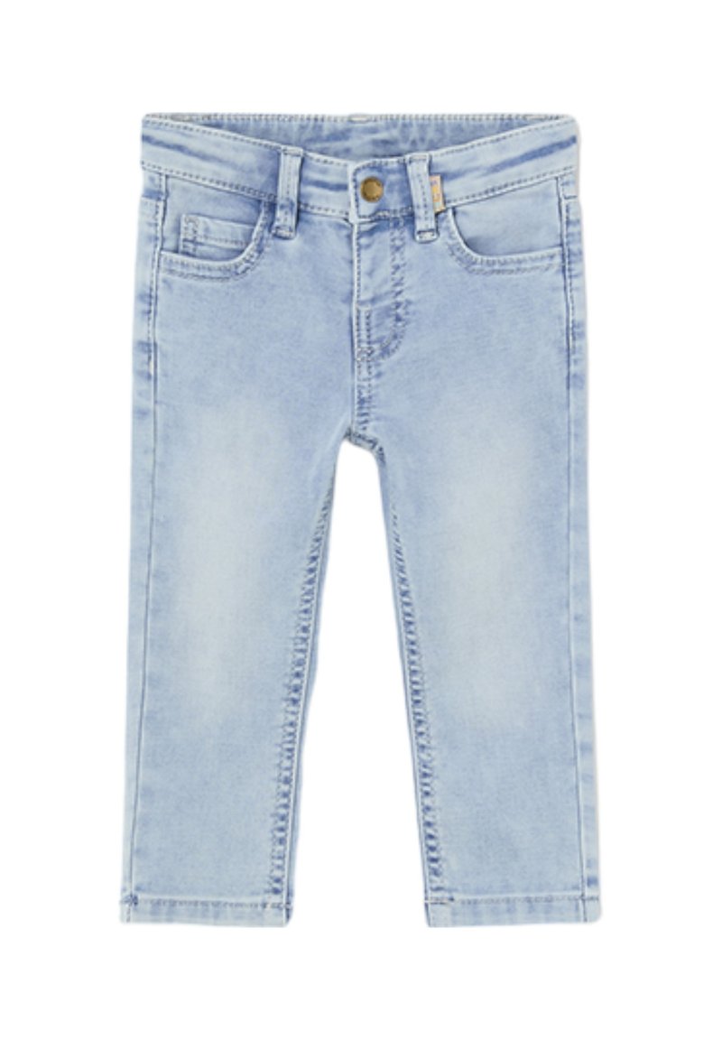Jeans in denim azzurro chiaro con una finitura leggermente sbiadita, dotati di chiusura con bottoni e zip, tasche anteriori e gambe con taglio dritto.