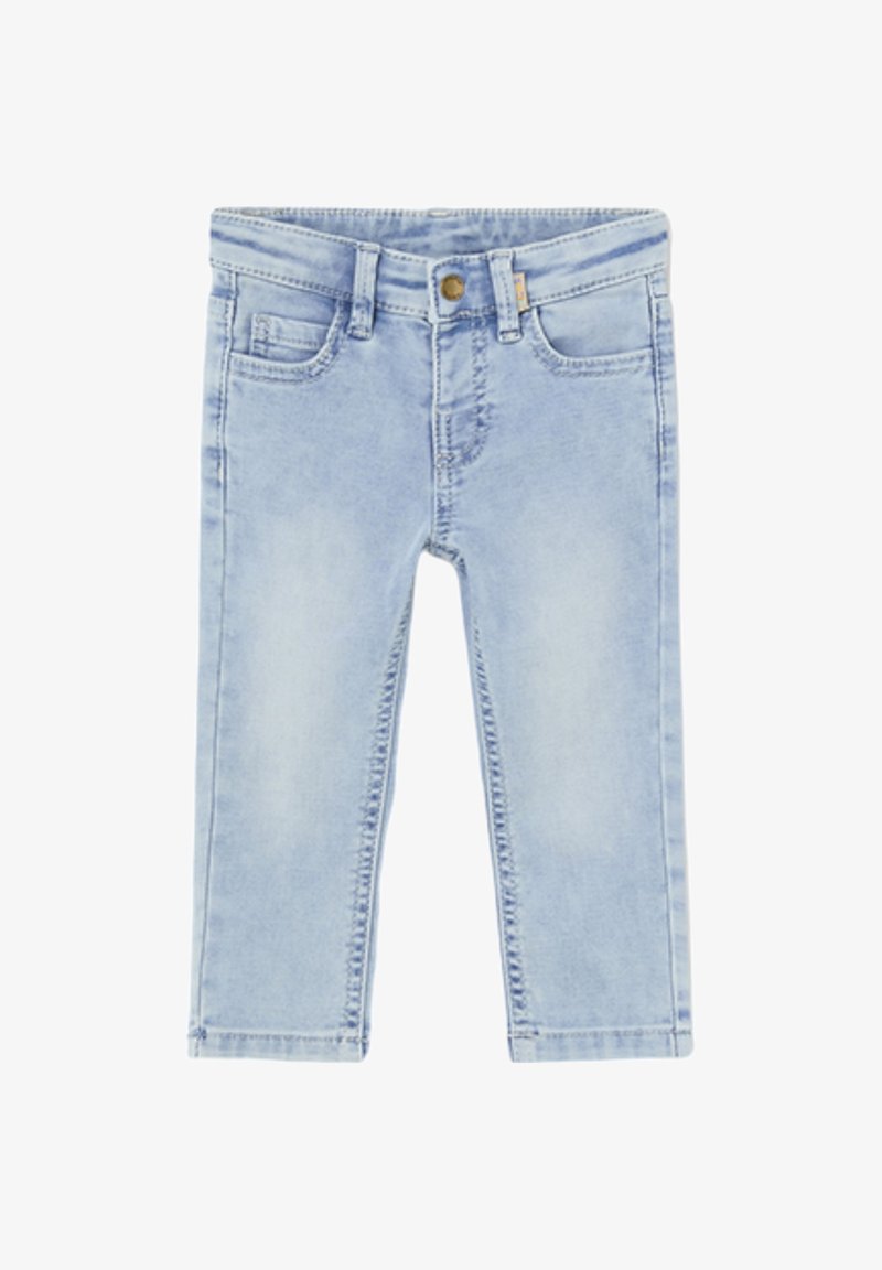 Jeans in denim azzurro chiaro con una finitura leggermente sbiadita, dotati di chiusura con bottoni e zip, tasche anteriori e gambe con taglio dritto.